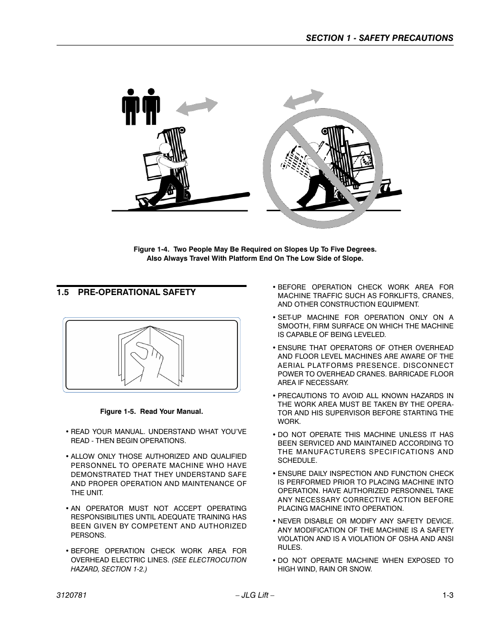 5 pre-operational safety, Pre-operational safety -3, Read your manual -3 | JLG 41EL Operator Manual User Manual | Page 13 / 54
