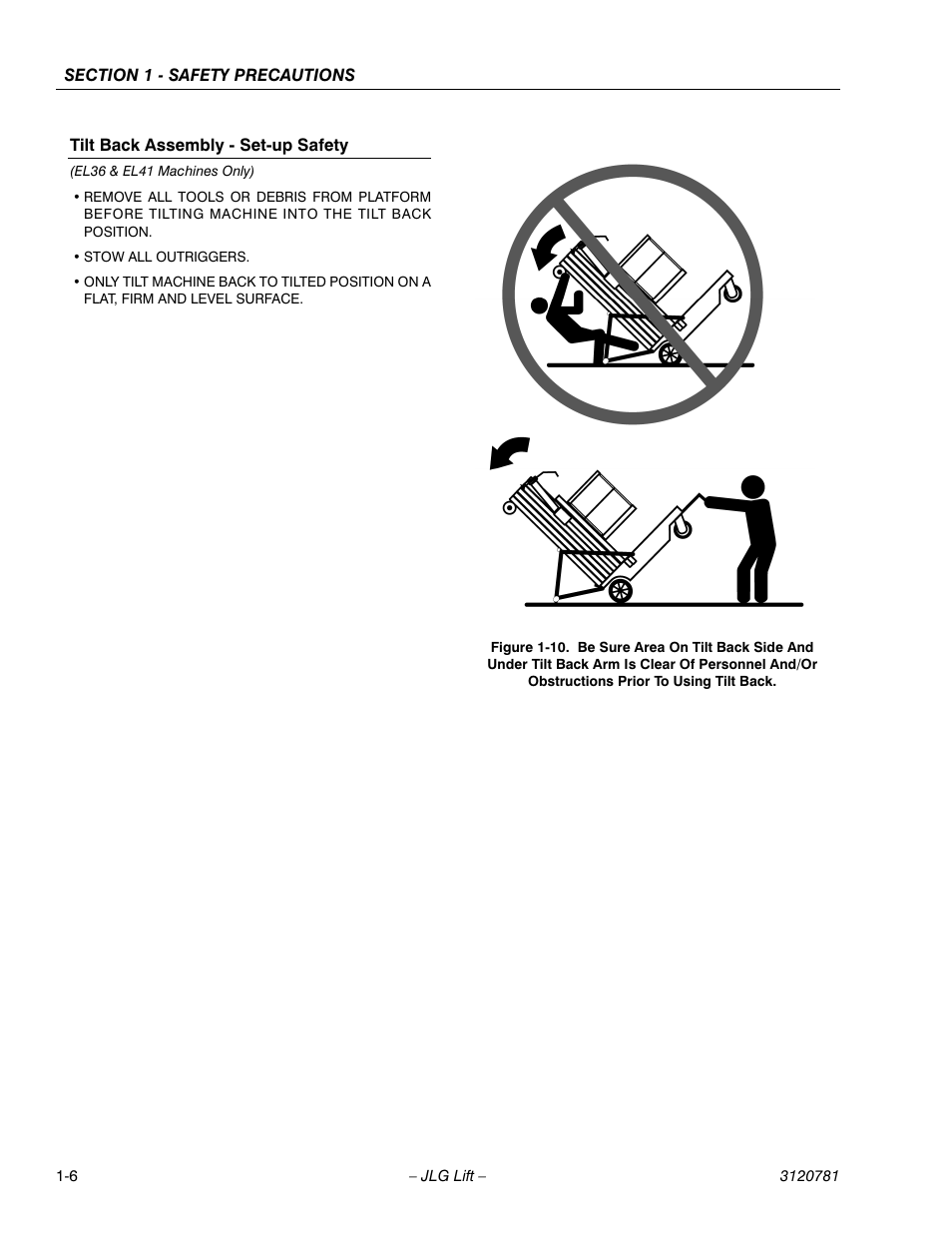 Tilt back assembly - set-up safety | JLG 41EL Operator Manual User Manual | Page 16 / 54