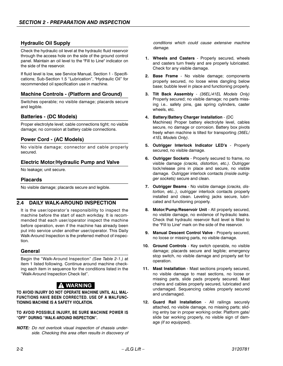 Hydraulic oil supply, Machine controls - (platform and ground), Batteries - (dc models) | Power cord - (ac models), Electric motor/hydraulic pump and valve, Placards, 4 daily walk-around inspection, General, Daily walk-around inspection -2 | JLG 41EL Operator Manual User Manual | Page 18 / 54