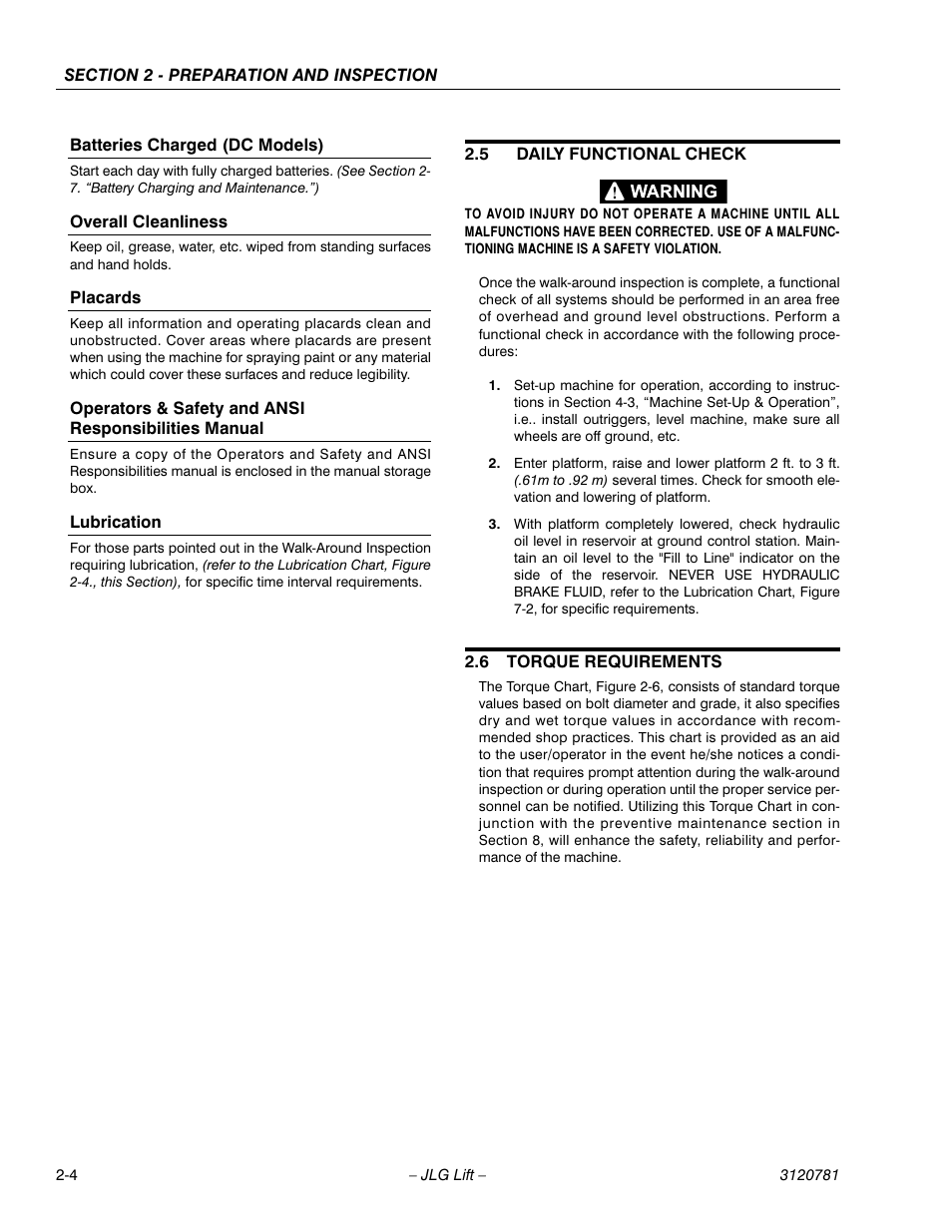Batteries charged (dc models), Overall cleanliness, Placards | Lubrication, 5 daily functional check, 6 torque requirements, Daily functional check -4, Torque requirements -4 | JLG 41EL Operator Manual User Manual | Page 20 / 54
