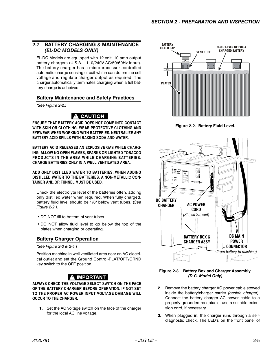 Battery maintenance and safety practices, Battery charger operation, Battery fluid level -5 | JLG 41EL Operator Manual User Manual | Page 21 / 54
