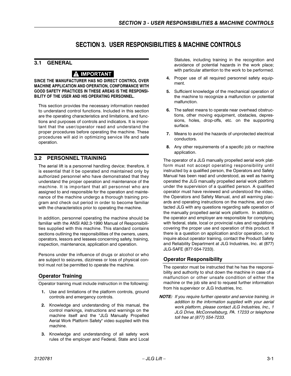 1 general, 2 personnel training, Operator training | Operator responsibility, General -1, Personnel training -1 | JLG 41EL Operator Manual User Manual | Page 25 / 54