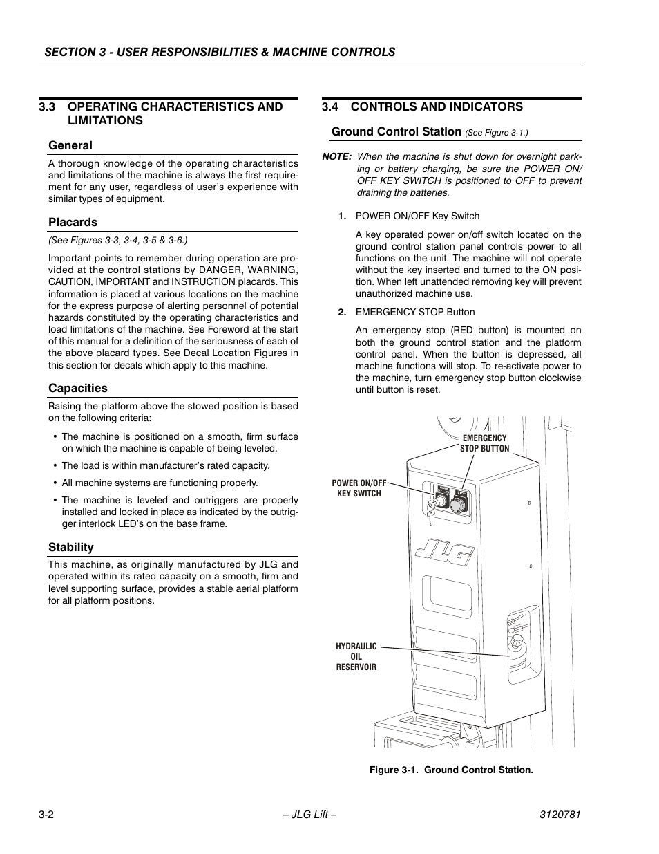 3 operating characteristics and limitations, General, Placards | Capacities, Stability, 4 controls and indicators, Ground control station (see figure 3-1.), Operating characteristics and limitations -2, Controls and indicators -2, Ground control station -2 | JLG 41EL Operator Manual User Manual | Page 26 / 54