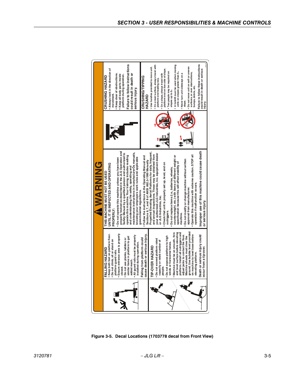 Decal locations (1703778 decal from front view) -5, Wa r n in g | JLG 41EL Operator Manual User Manual | Page 29 / 54