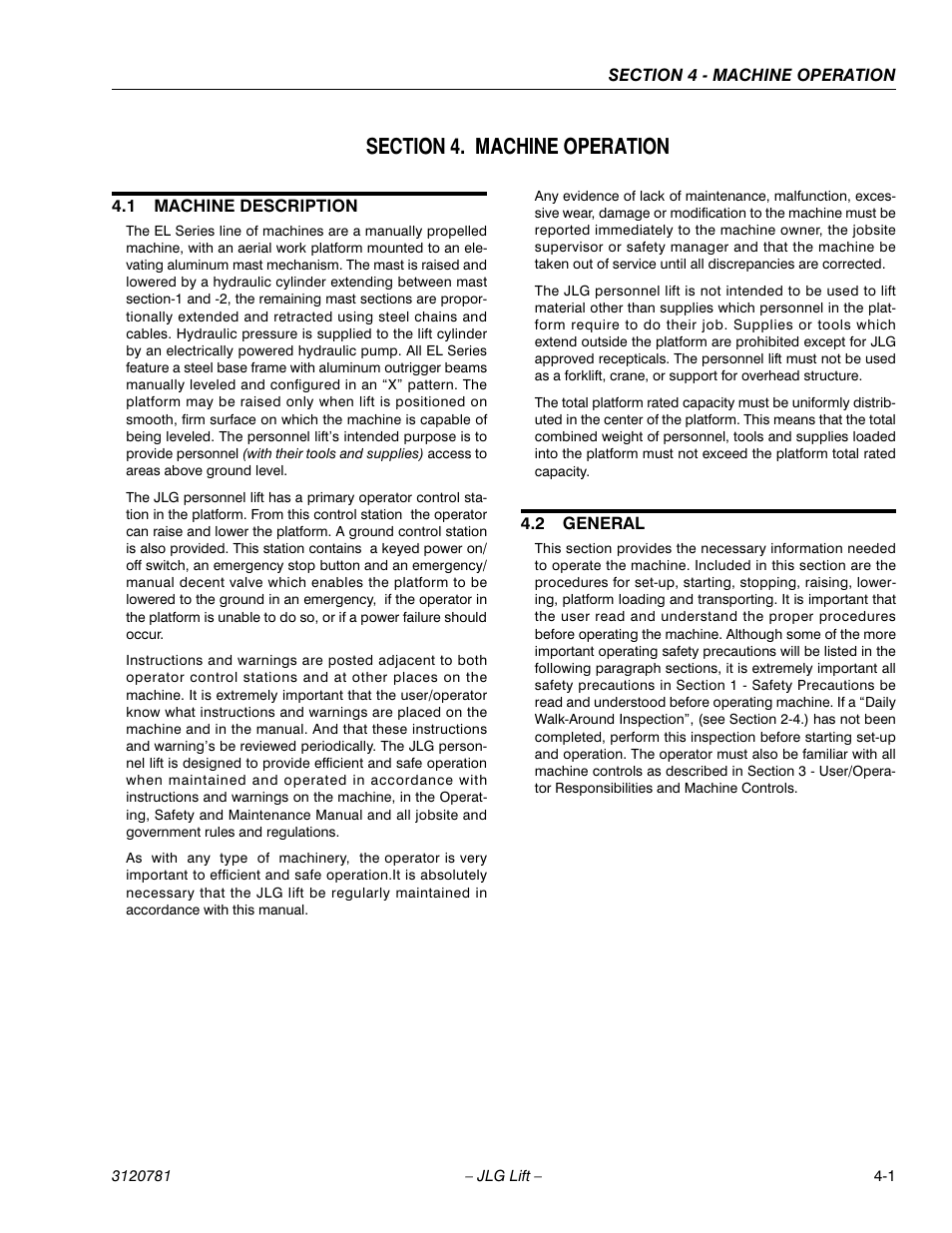 Section 4. machine operation, 1 machine description, 2 general | Section 4 - machine operation, Machine description -1, General -1 | JLG 41EL Operator Manual User Manual | Page 33 / 54