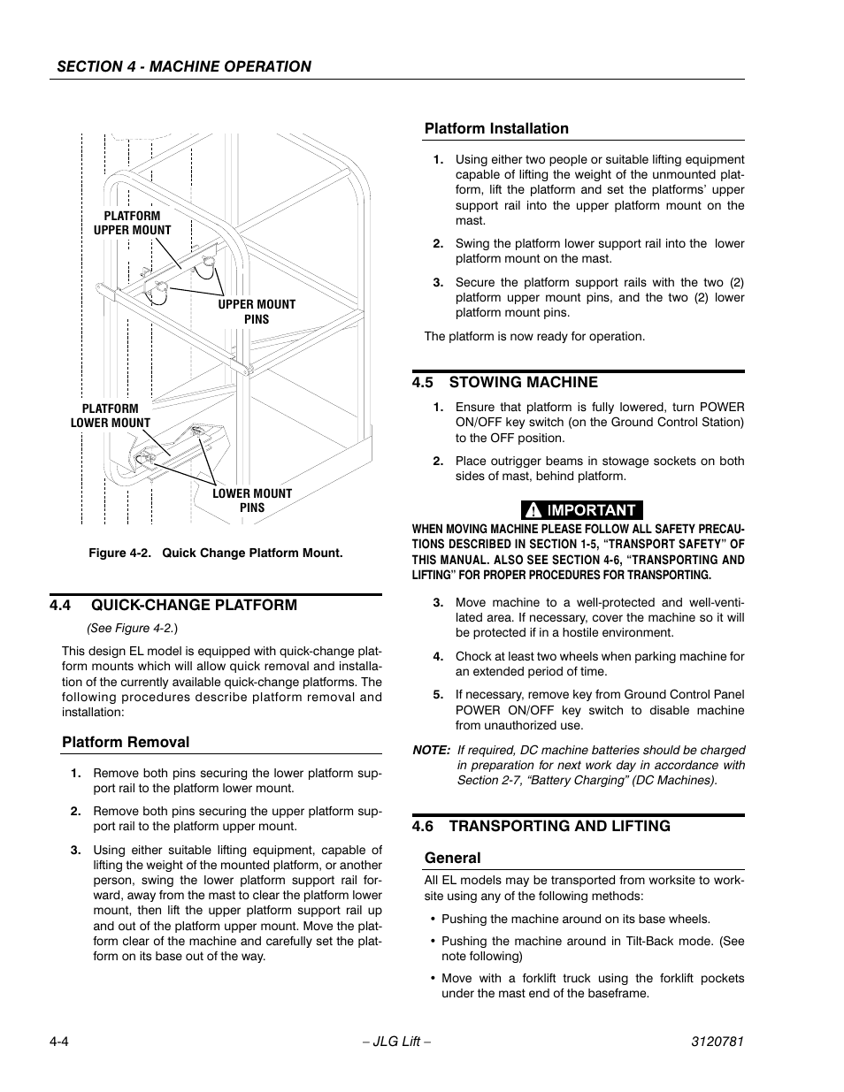 4 quick-change platform, Platform removal, Platform installation | 5 stowing machine, 6 transporting and lifting, General, Quick-change platform -4, Stowing machine -4, Transporting and lifting -4, Quick change platform mount -4 | JLG 41EL Operator Manual User Manual | Page 36 / 54