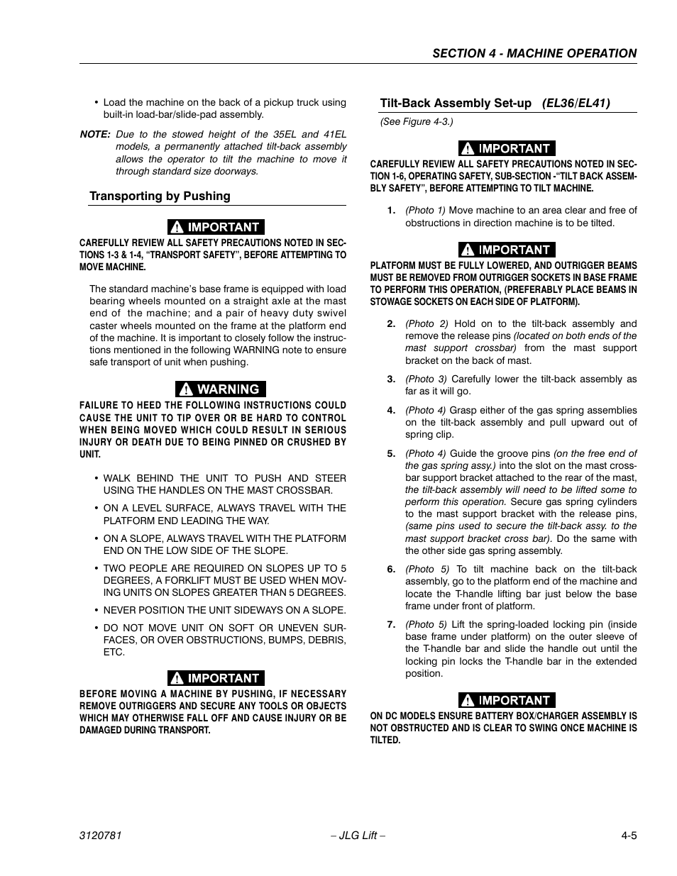 Transporting by pushing, Tilt-back assembly set-up (el36/el41) | JLG 41EL Operator Manual User Manual | Page 37 / 54