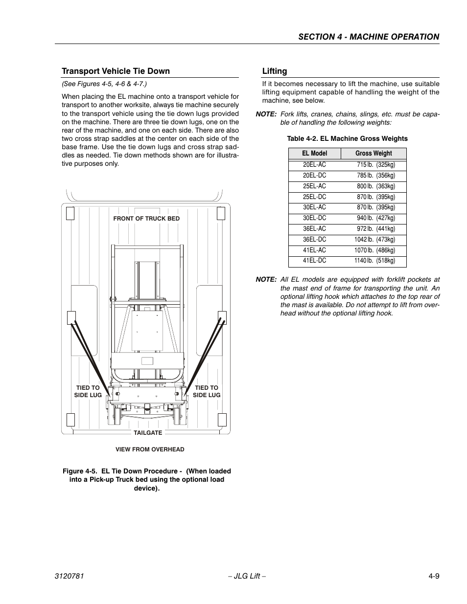 Transport vehicle tie down, Lifting, El tie down procedure -9 | El machine gross weights -9 | JLG 41EL Operator Manual User Manual | Page 41 / 54