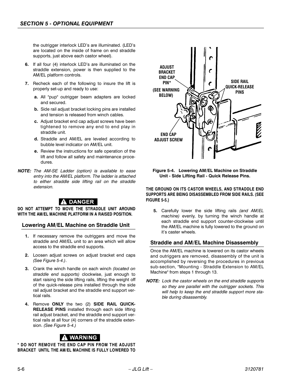 Lowering am/el machine on straddle unit, Straddle and am/el machine disassembly | JLG 41EL Operator Manual User Manual | Page 48 / 54