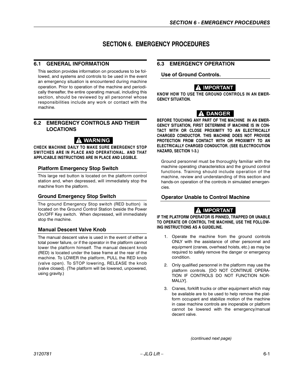 Section 6. emergency procedures, 1 general information, 2 emergency controls and their locations | Platform emergency stop switch, Ground emergency stop switch, Manual descent valve knob, 3 emergency operation, Use of ground controls, Operator unable to control machine, Section 6 - emergency procedures | JLG 41EL Operator Manual User Manual | Page 49 / 54