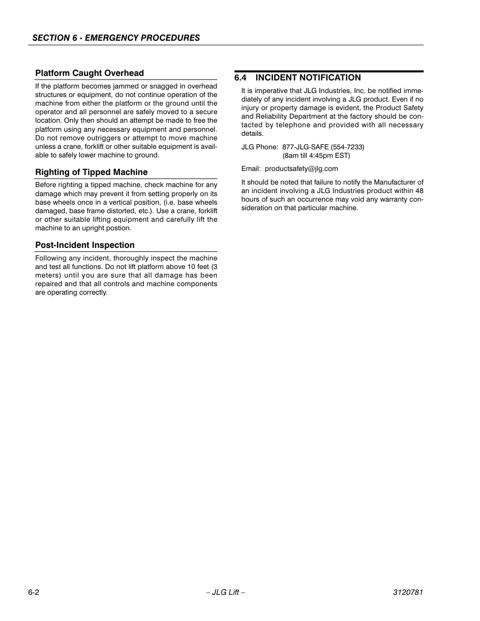Platform caught overhead, Righting of tipped machine, Post-incident inspection | 4 incident notification, Incident notification -2 | JLG 41EL Operator Manual User Manual | Page 50 / 54
