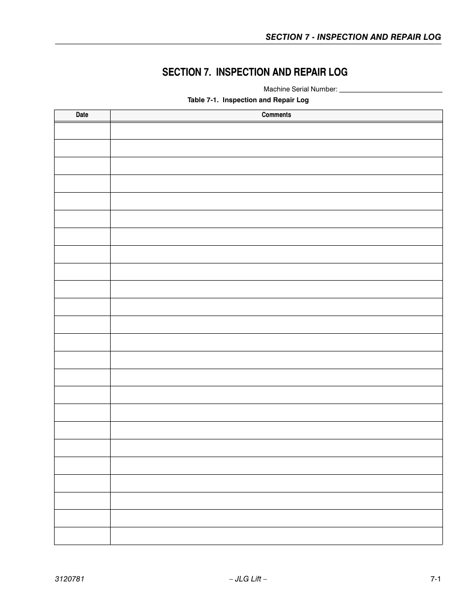 Section 7. inspection and repair log, Section 7 - inspection and repair log, Inspection and repair log -1 | JLG 41EL Operator Manual User Manual | Page 51 / 54