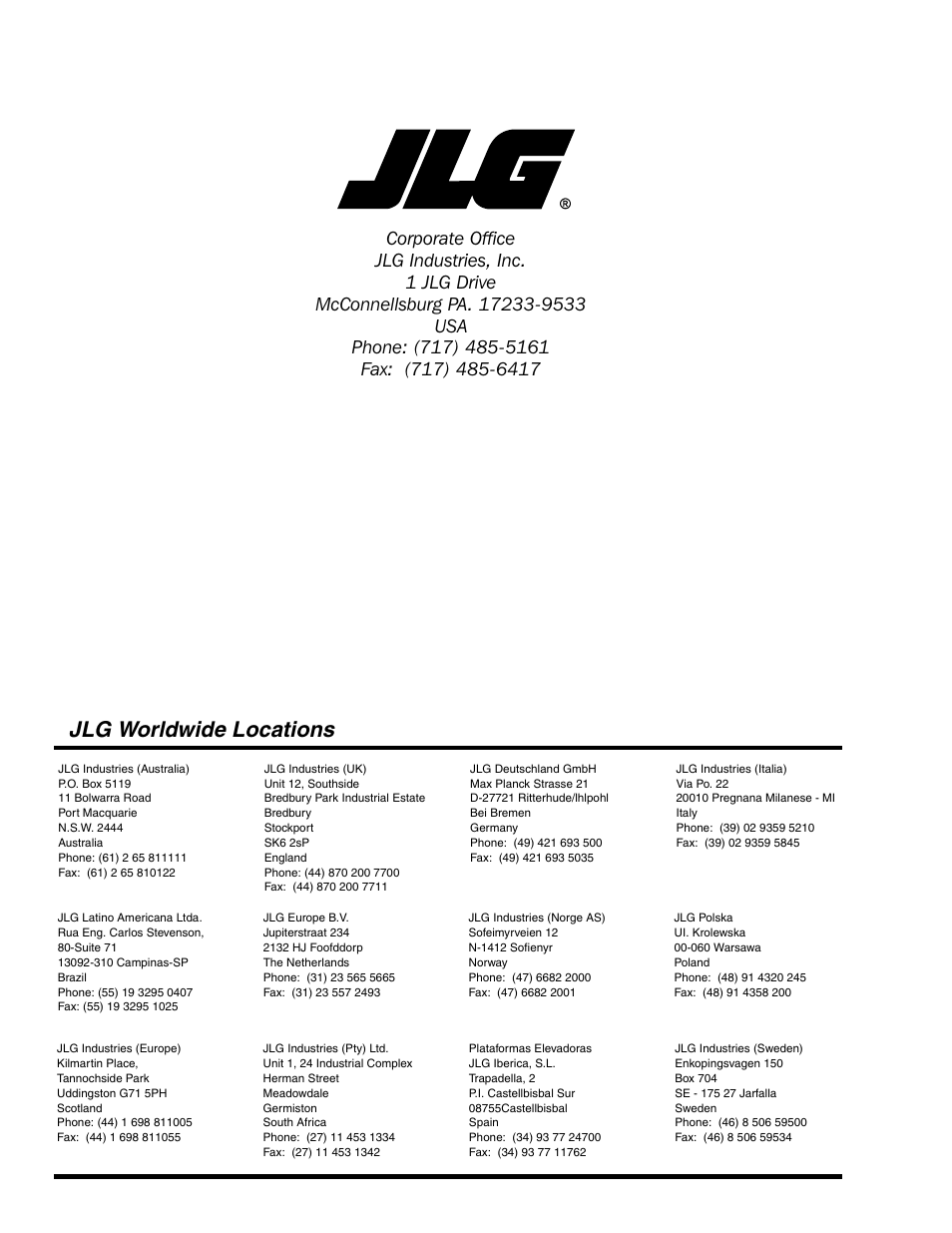 Jlg worldwide locations | JLG 41EL Operator Manual User Manual | Page 54 / 54