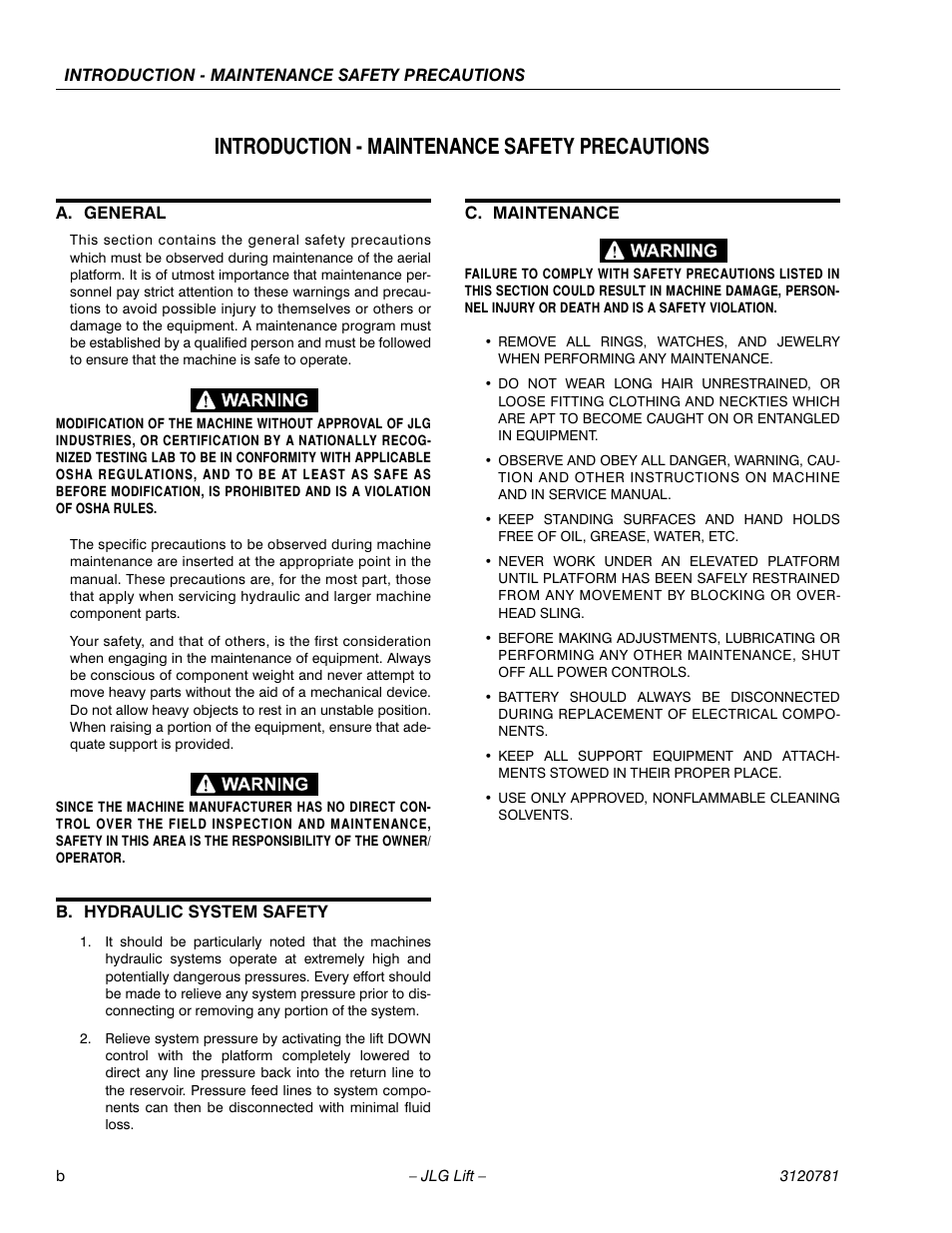 Introduction - maintenance safety precautions, A. general, B. hydraulic system safety | C. maintenance | JLG 41EL Operator Manual User Manual | Page 6 / 54