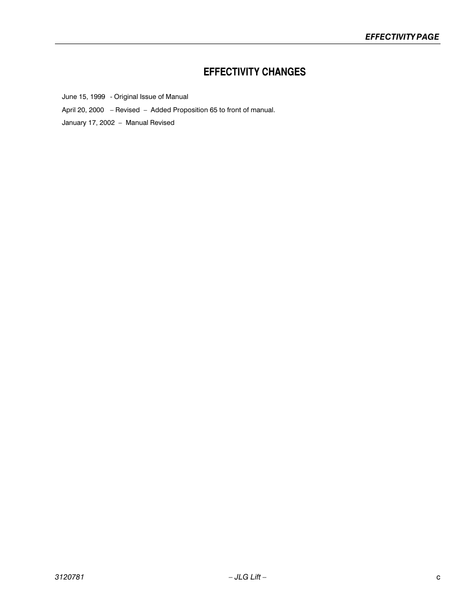 Effectivity changes | JLG 41EL Operator Manual User Manual | Page 7 / 54