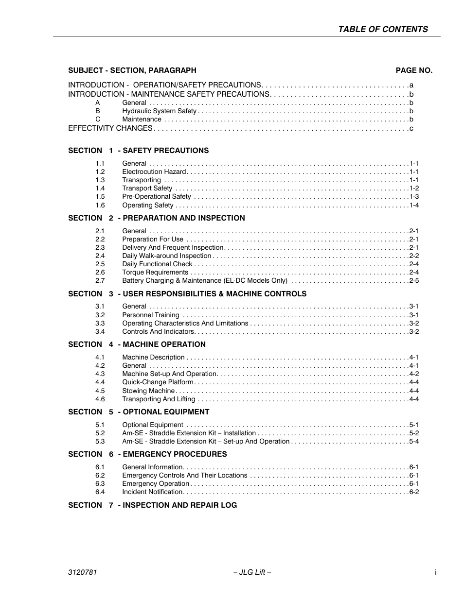 Introduction - operation/safety precautions a, Introduction - maintenance safety precautions b, Effectivity changes c | JLG 41EL Operator Manual User Manual | Page 9 / 54