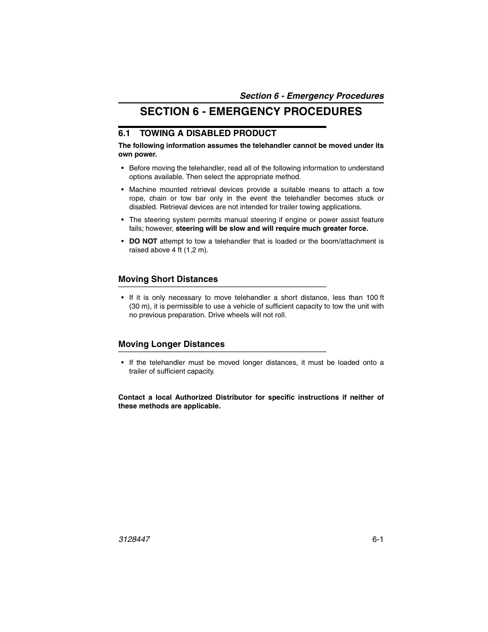 Section 6 - emergency procedures, 1 towing a disabled product, Moving short distances | Moving longer distances, 1 towing a disabled product -1 | JLG G12-55A AccuPlace Operator Manual User Manual | Page 103 / 142