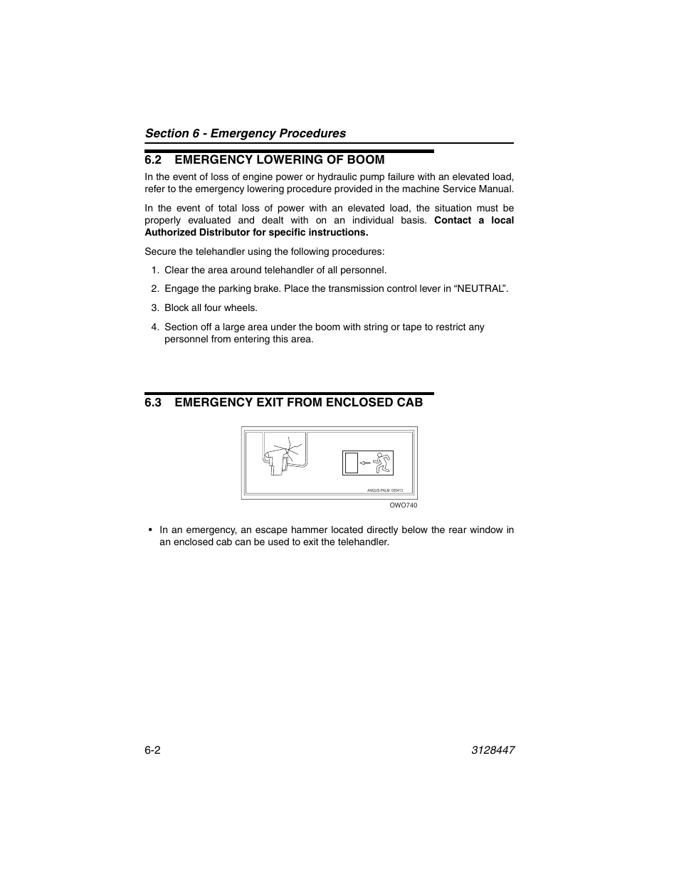 2 emergency lowering of boom, 3 emergency exit from enclosed cab | JLG G12-55A AccuPlace Operator Manual User Manual | Page 104 / 142