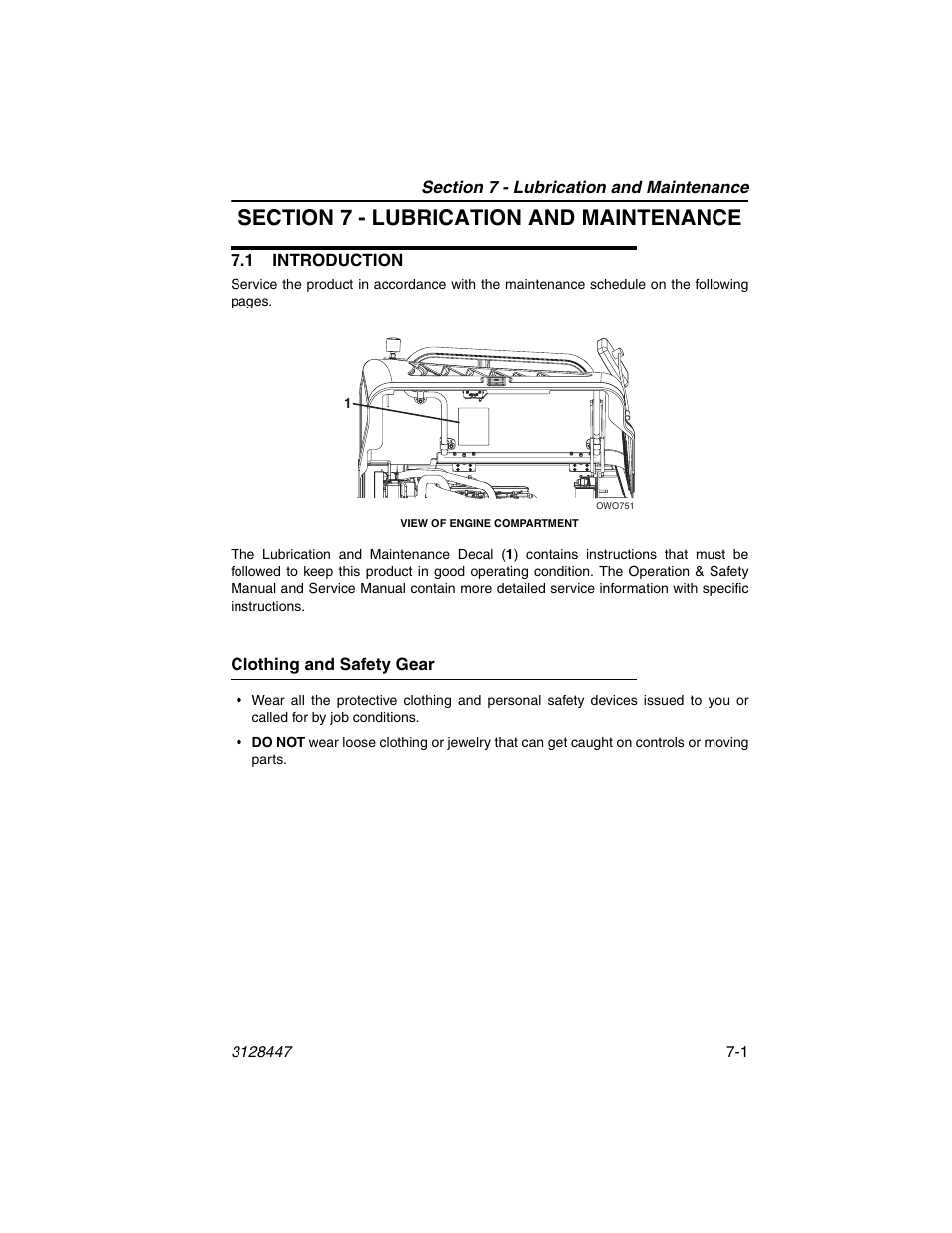 Section 7 - lubrication and maintenance, 1 introduction, Clothing and safety gear | 1 introduction -1, Clothing and safety gear -1, Section 7 - lubrication and maintenance a | JLG G12-55A AccuPlace Operator Manual User Manual | Page 105 / 142