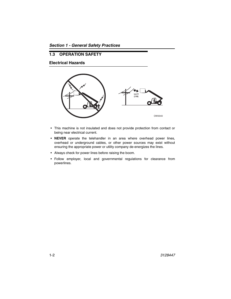 3 operation safety, Electrical hazards, 3 operation safety -2 | Electrical hazards -2 | JLG G12-55A AccuPlace Operator Manual User Manual | Page 12 / 142