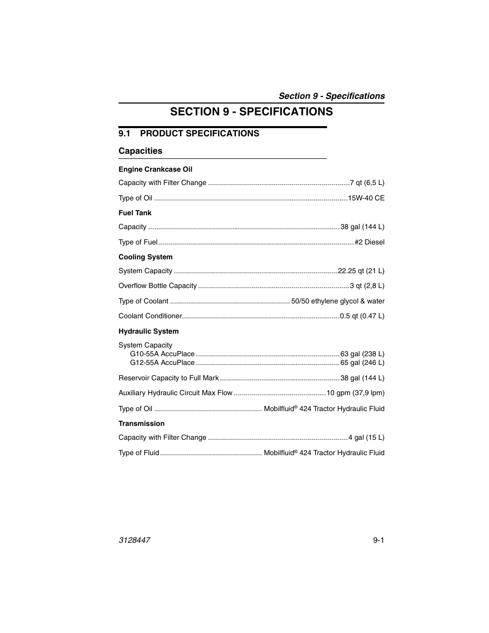 Section 9 - specifications, 1 product specifications, Capacities | 1 product specifications -1, Capacities -1 | JLG G12-55A AccuPlace Operator Manual User Manual | Page 129 / 142