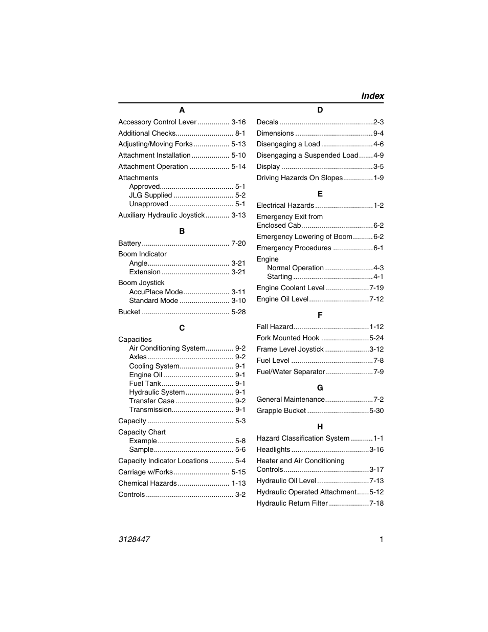 Index | JLG G12-55A AccuPlace Operator Manual User Manual | Page 133 / 142