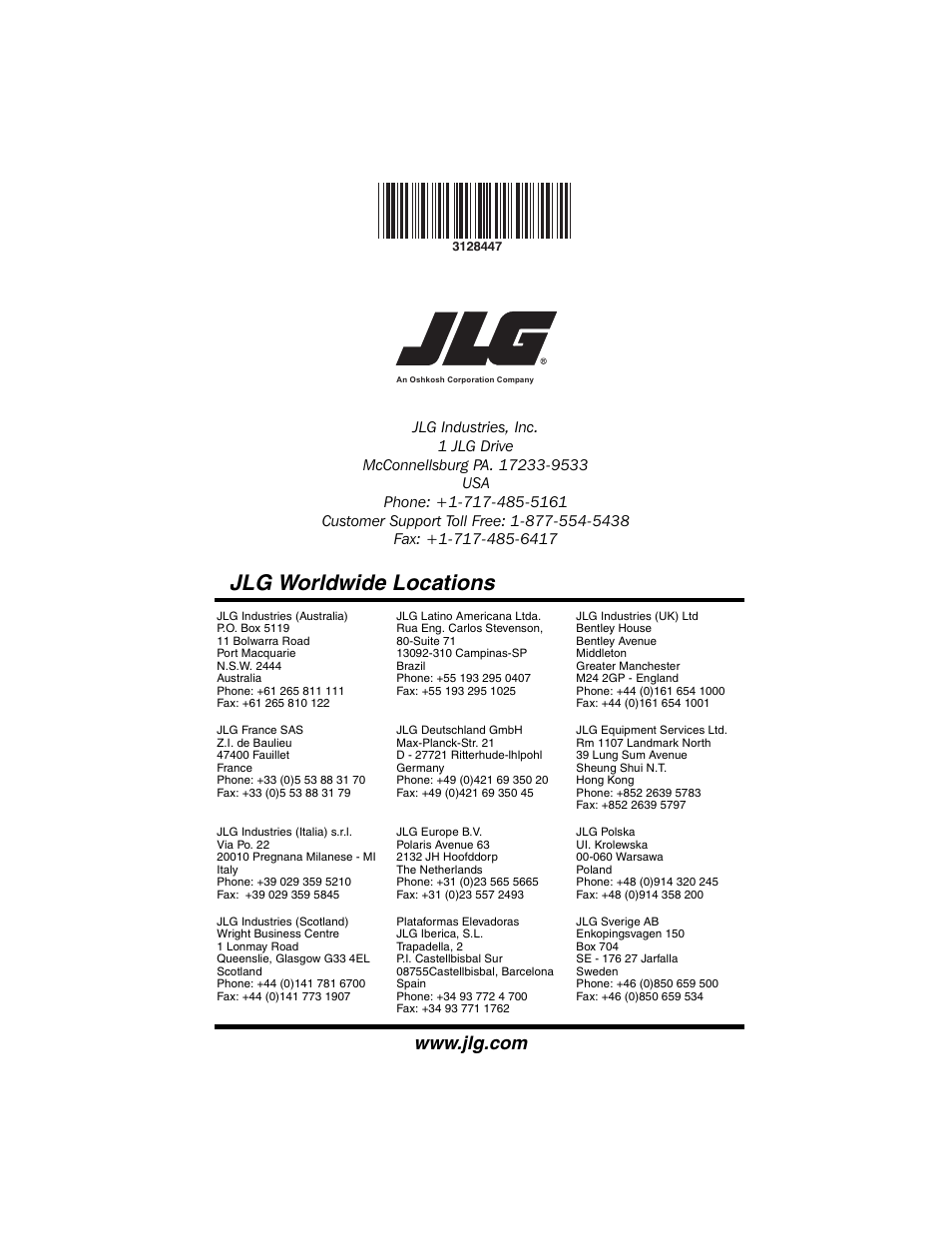 Jlg worldwide locations | JLG G12-55A AccuPlace Operator Manual User Manual | Page 142 / 142