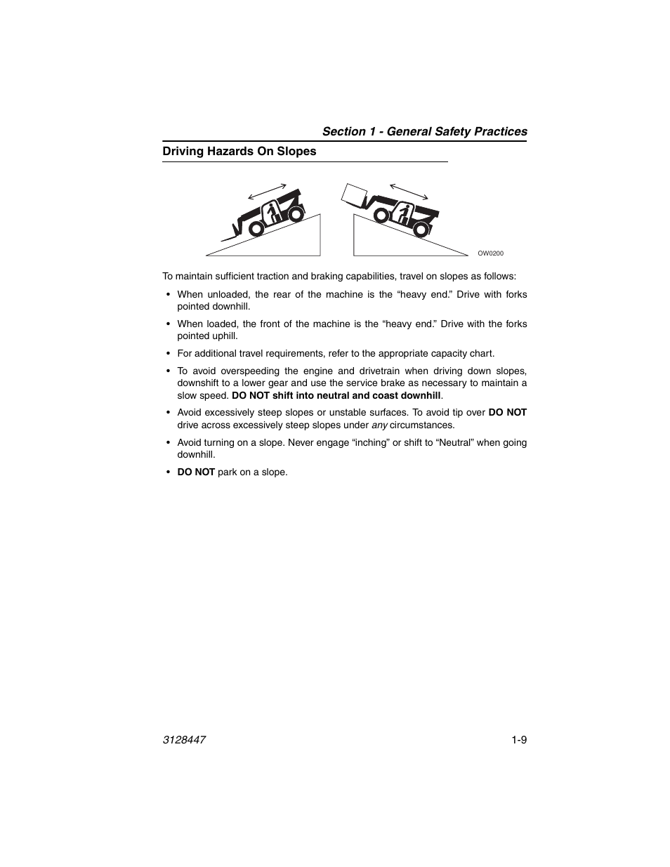 Driving hazards on slopes, Driving hazards on slopes -9 | JLG G12-55A AccuPlace Operator Manual User Manual | Page 19 / 142
