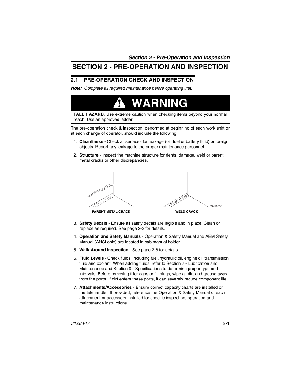 Section 2 - pre-operation and inspection, 1 pre-operation check and inspection, 1 pre-operation check and inspection -1 | Warning | JLG G12-55A AccuPlace Operator Manual User Manual | Page 25 / 142