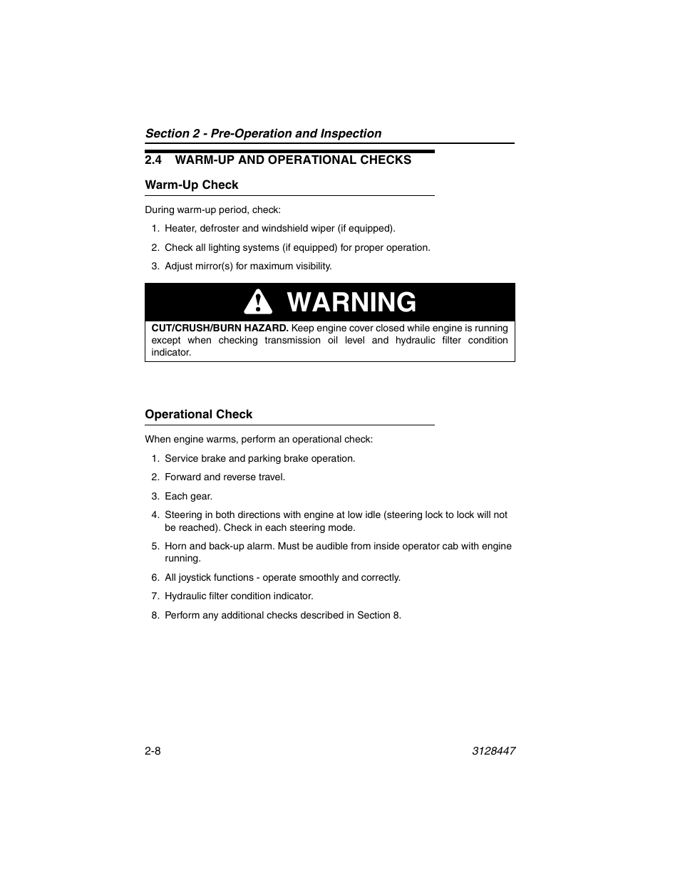 4 warm-up and operational checks, Warm-up check, Operational check | 4 warm-up and operational checks -8, Warm-up check -8 operational check -8, Warning | JLG G12-55A AccuPlace Operator Manual User Manual | Page 32 / 142