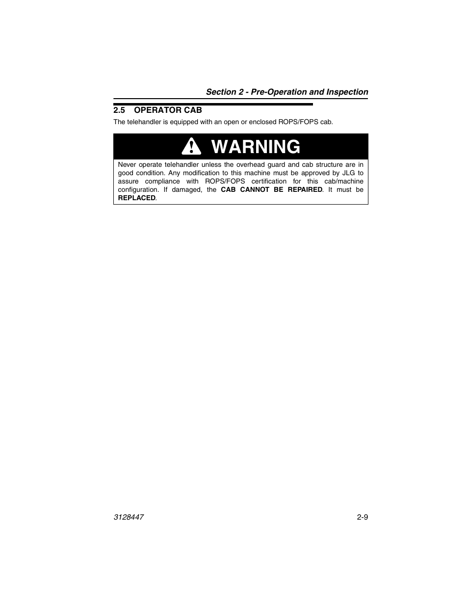 5 operator cab, 5 operator cab -9, Warning | JLG G12-55A AccuPlace Operator Manual User Manual | Page 33 / 142