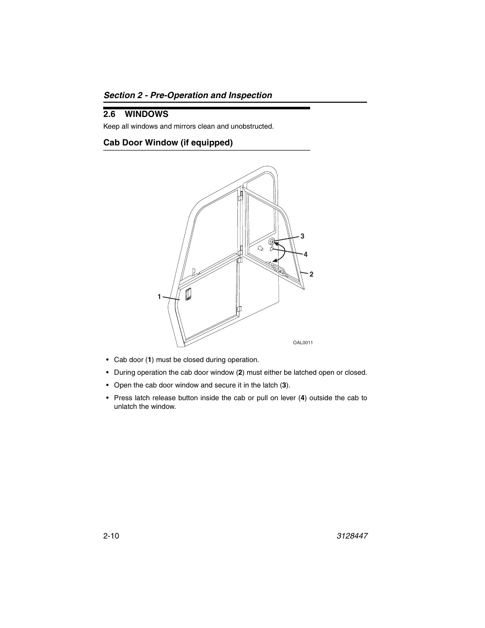 6 windows, Cab door window (if equipped), 6 windows -10 | Cab door window (if equipped) -10 | JLG G12-55A AccuPlace Operator Manual User Manual | Page 34 / 142