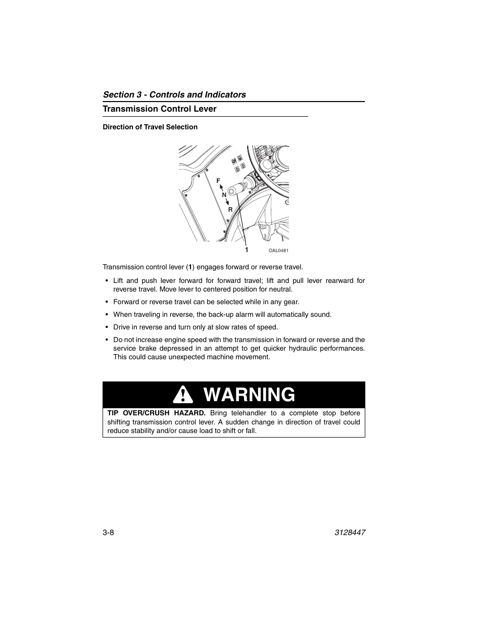 Transmission control lever, Transmission control lever -8, Warning | JLG G12-55A AccuPlace Operator Manual User Manual | Page 42 / 142