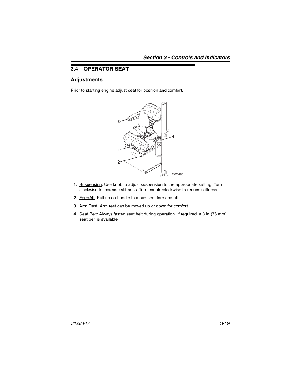 4 operator seat, Adjustments, 4 operator seat -19 | Adjustments -19 | JLG G12-55A AccuPlace Operator Manual User Manual | Page 53 / 142