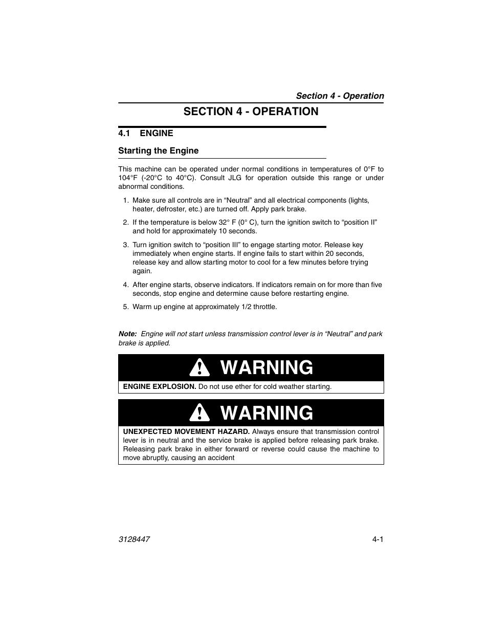 Section 4 - operation, 1 engine, Starting the engine | 1 engine -1, Starting the engine -1, Warning | JLG G12-55A AccuPlace Operator Manual User Manual | Page 57 / 142
