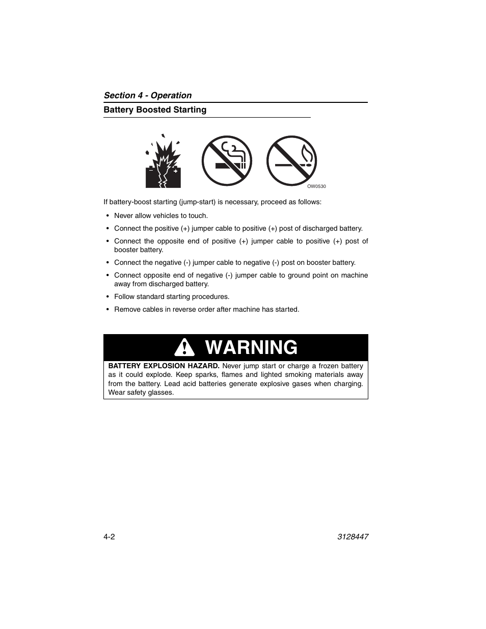 Battery boosted starting, Battery boosted starting -2, Warning | JLG G12-55A AccuPlace Operator Manual User Manual | Page 58 / 142