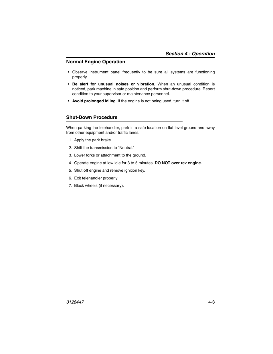 Normal engine operation, Shut-down procedure, Normal engine operation -3 shut-down procedure -3 | JLG G12-55A AccuPlace Operator Manual User Manual | Page 59 / 142