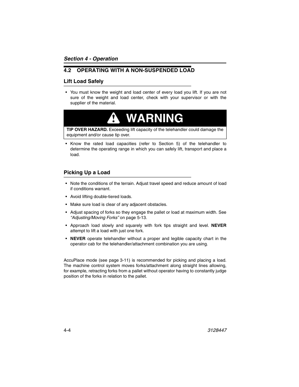 2 operating with a non-suspended load, Lift load safely, Picking up a load | 2 operating with a non-suspended load -4, Lift load safely -4 picking up a load -4, Warning | JLG G12-55A AccuPlace Operator Manual User Manual | Page 60 / 142