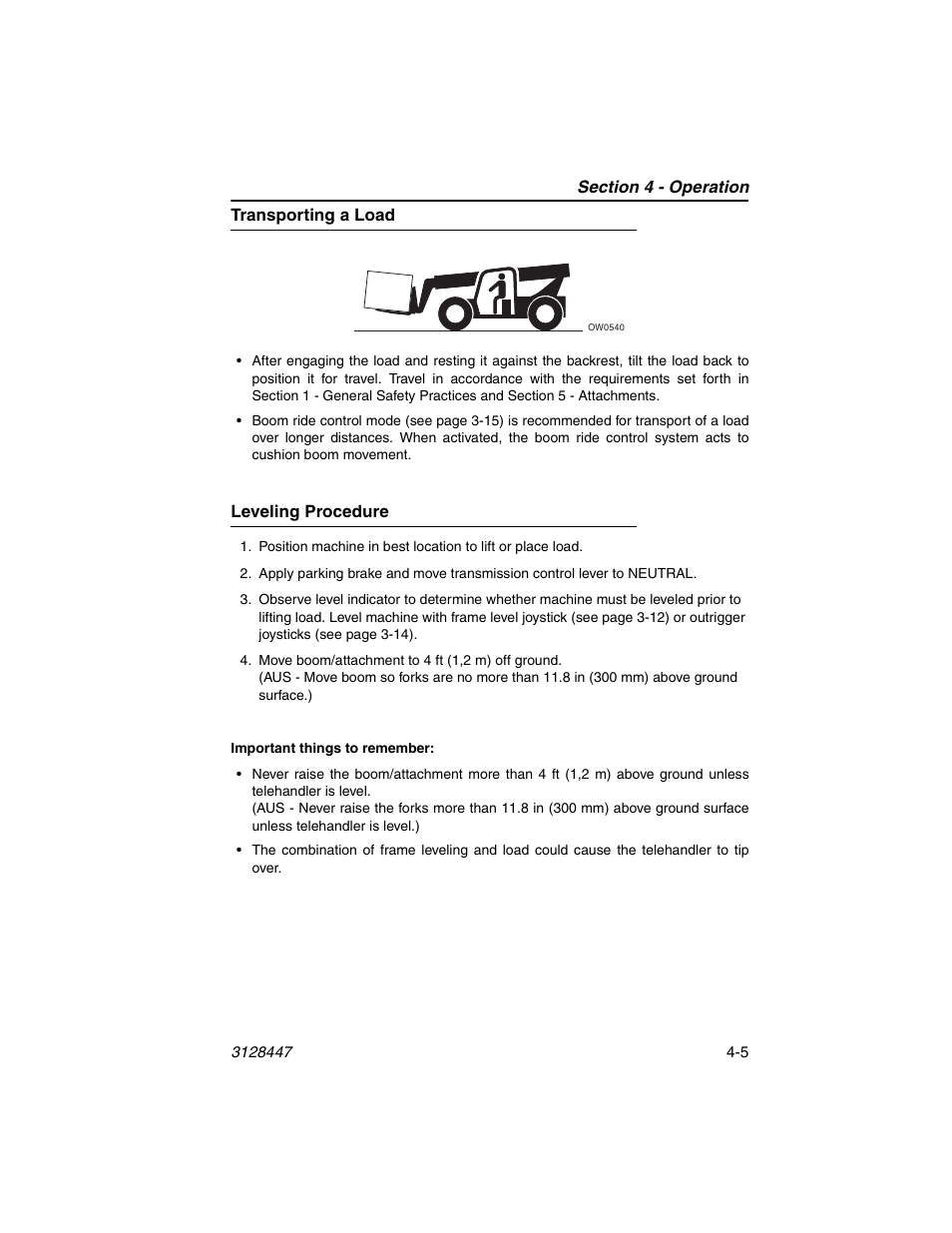 Transporting a load, Leveling procedure, Transporting a load -5 leveling procedure -5 | JLG G12-55A AccuPlace Operator Manual User Manual | Page 61 / 142