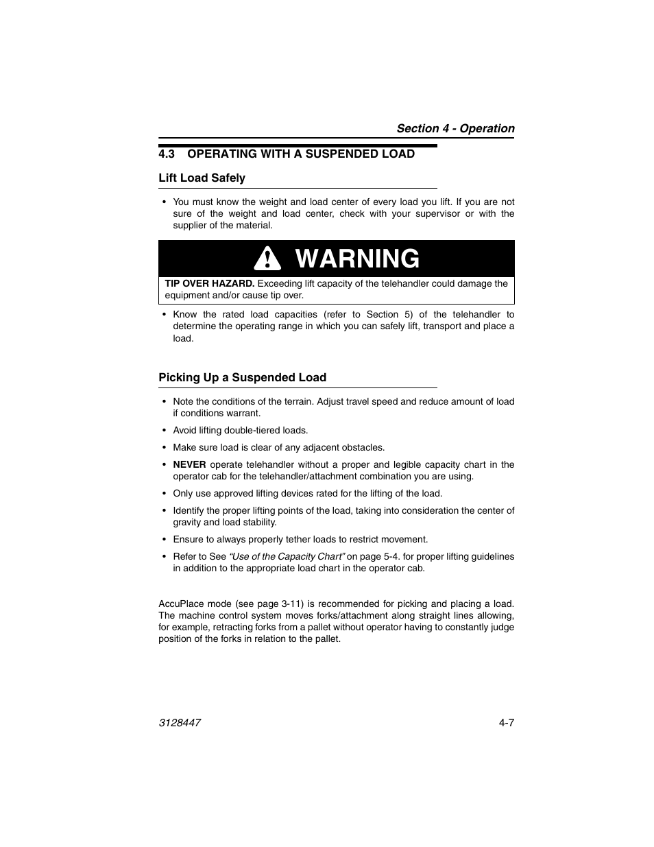 3 operating with a suspended load, Lift load safely, Picking up a suspended load | 3 operating with a suspended load -7, Lift load safely -7 picking up a suspended load -7, Warning | JLG G12-55A AccuPlace Operator Manual User Manual | Page 63 / 142