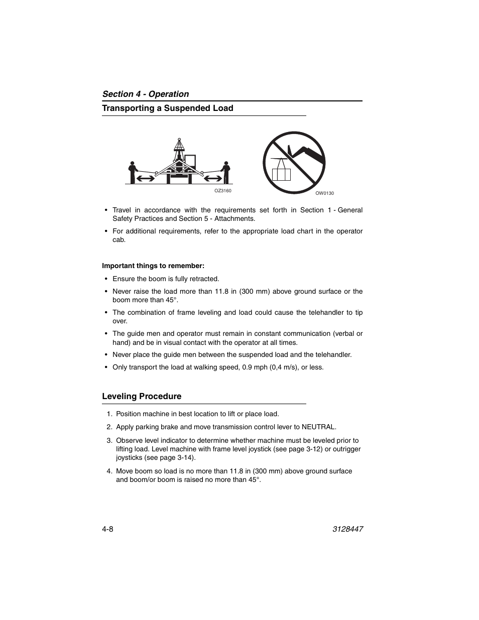 Transporting a suspended load, Leveling procedure | JLG G12-55A AccuPlace Operator Manual User Manual | Page 64 / 142