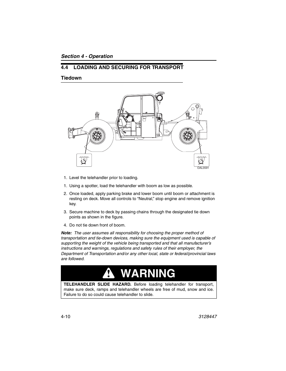 4 loading and securing for transport, Tiedown, 4 loading and securing for transport -10 | Tiedown -10, Warning | JLG G12-55A AccuPlace Operator Manual User Manual | Page 66 / 142