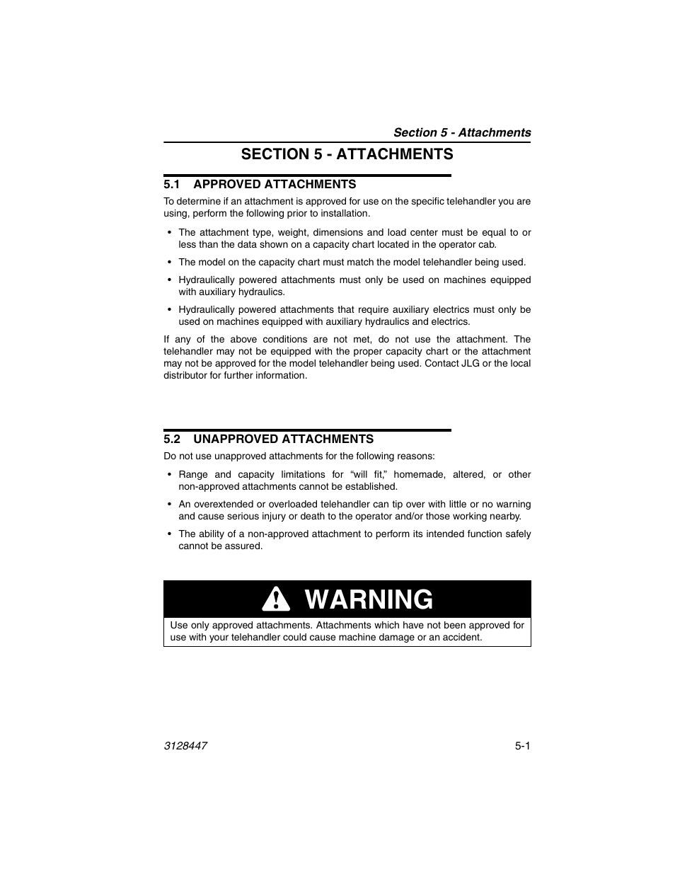 Section 5 - attachments, 1 approved attachments, 2 unapproved attachments | See section 5 - attachments, Section 5), Warning | JLG G12-55A AccuPlace Operator Manual User Manual | Page 69 / 142