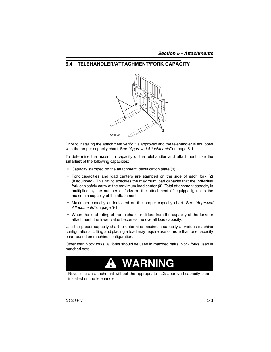 4 telehandler/attachment/fork capacity, 4 telehandler/attachment/fork capacity -3, Warning | JLG G12-55A AccuPlace Operator Manual User Manual | Page 71 / 142