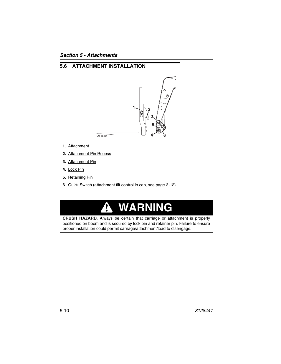 6 attachment installation, 6 attachment installation -10, Warning | JLG G12-55A AccuPlace Operator Manual User Manual | Page 78 / 142
