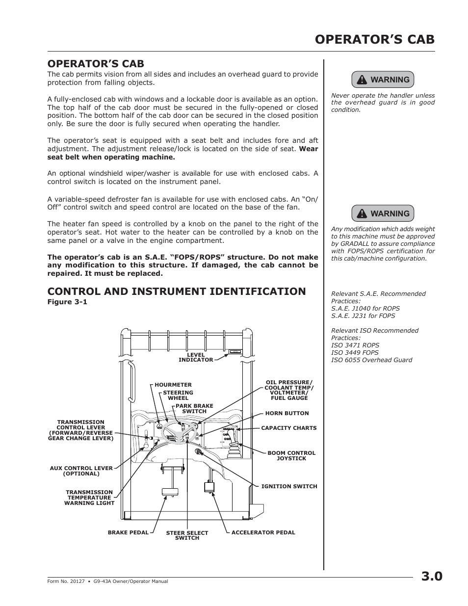 Operators cab, Operator’s cab 3.0, Operator’s cab | Control and instrument identification | JLG G9-43A (9151-4003) Operator Manual User Manual | Page 23 / 60