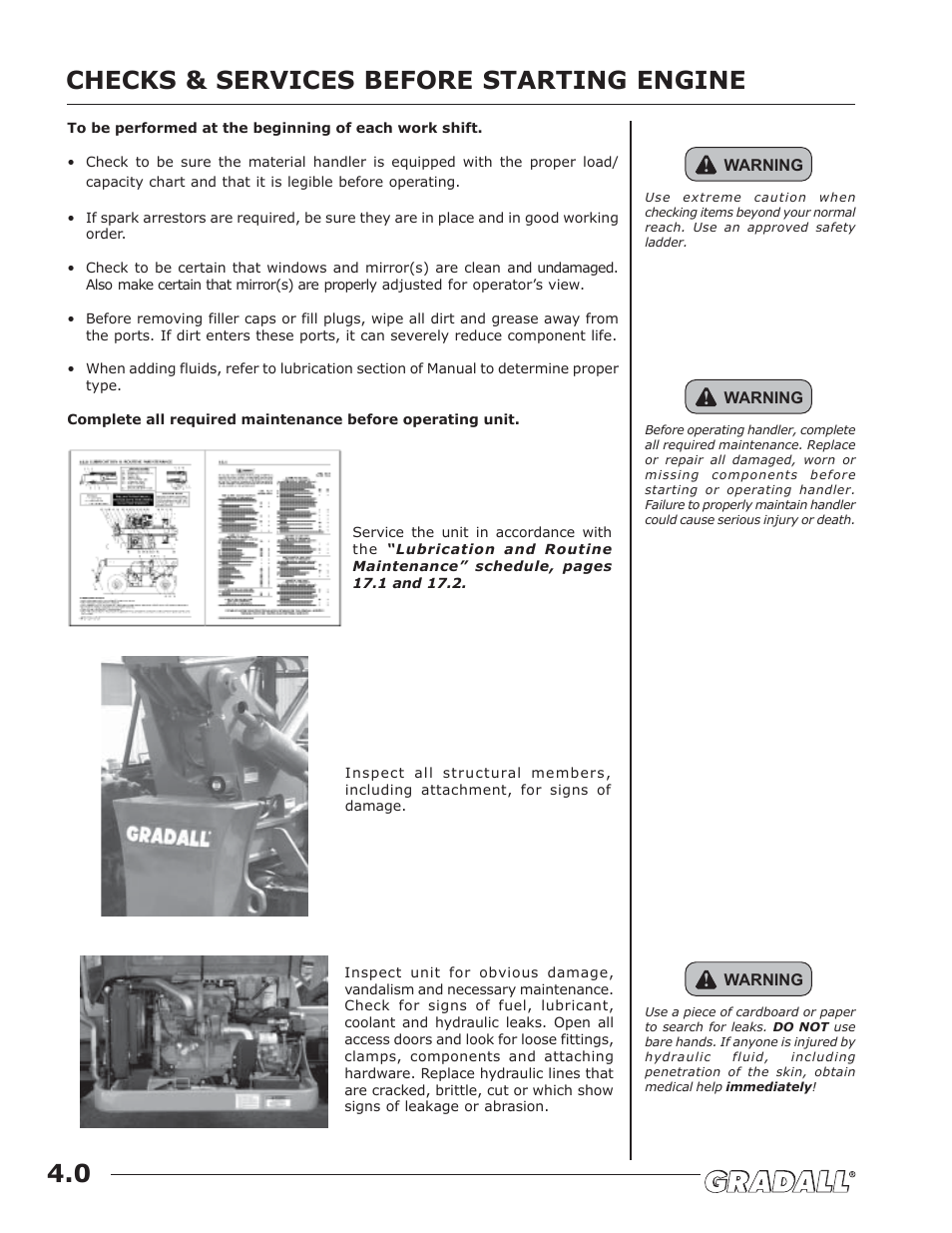 Checks & services before starting engine, Checks & services before starting engine 4.0 | JLG G9-43A (9151-4003) Operator Manual User Manual | Page 26 / 60