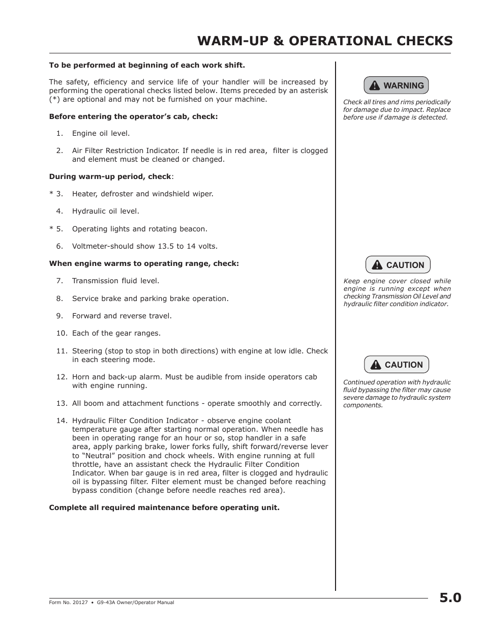 Warm-up & operational checks, Warm-up & operational checks 5.0 | JLG G9-43A (9151-4003) Operator Manual User Manual | Page 27 / 60