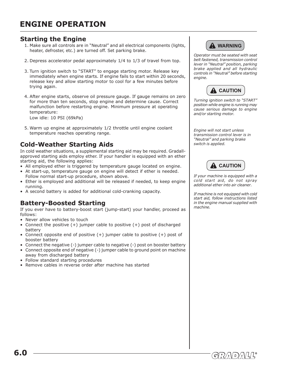 Engine operation, Engine operation 6.0, Starting the engine | Cold-weather starting aids, Battery-boosted starting | JLG G9-43A (9151-4003) Operator Manual User Manual | Page 28 / 60