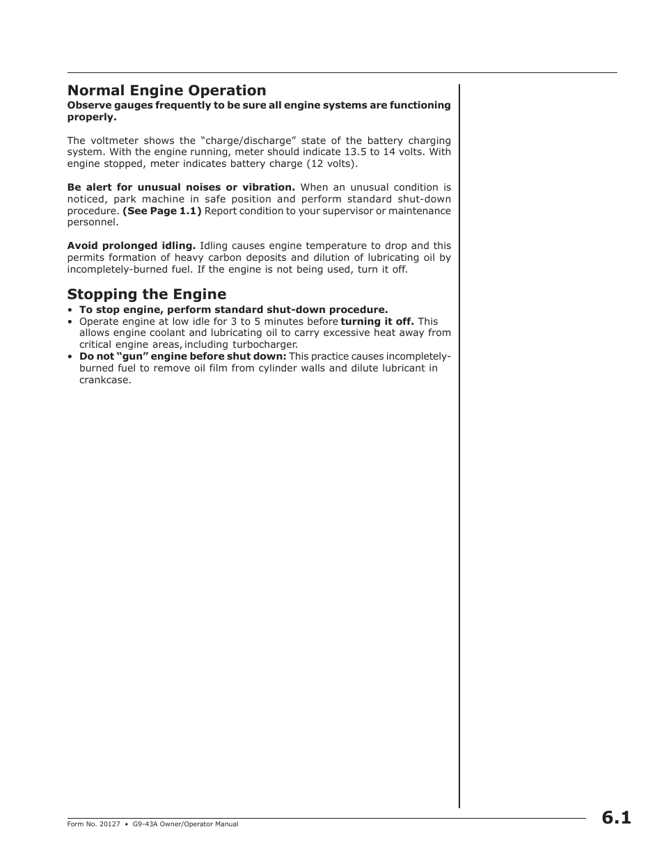 Normal engine operation, Stopping the engine | JLG G9-43A (9151-4003) Operator Manual User Manual | Page 29 / 60